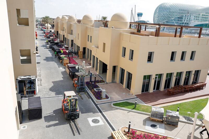 Forklift trucks line up outside the constructor team accommodation. Photo: Yas Marina Circuit