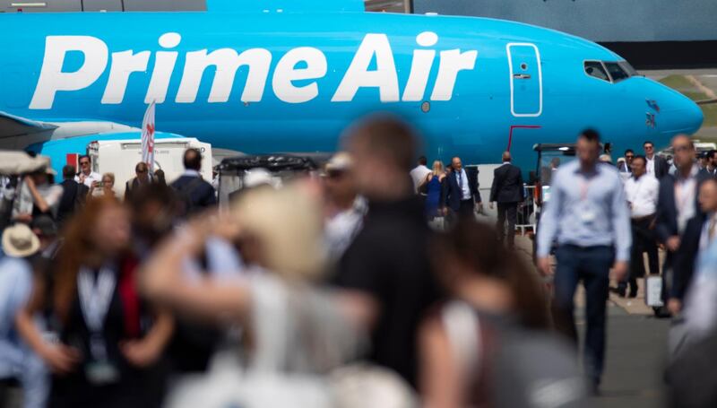 A Boeing 737-800 BCF airplane is marked 'Prime Air' as part of Amazon Prime's transport aiplane delivery service seen during the opening day of the show. EPA