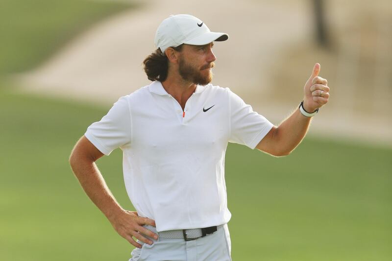 Tommy Fleetwood gives a thumbs up on the 17th green during Day Three of the Abu Dhabi HSBC Championship. Getty Images