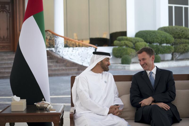 ABU DHABI, UNITED ARAB EMIRATES - November 12, 2018: HH Sheikh Mohamed bin Zayed Al Nahyan Crown Prince of Abu Dhabi Deputy Supreme Commander of the UAE Armed Forces (L), meets with HE Jeremy Hunt, UK's Secretary of State for Foreign and Commonwealth Affairs (R), during a Sea Palace barza.
( Hamad Al Kaabi / Ministry of Presidential Affairs )?
---