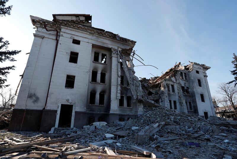 The shell of a theatre destroyed in the southern Ukrainian port city of Mariupol. Reuters