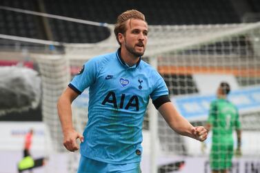 epa08548136 Harry Kane of Tottenham celebrates scoring the 2-1 lead during the English Premier League match between Newcastle United and Tottenham Hotspur in Newcastle, Britain, 15 July 2020. EPA/Owen Humphreys/NMC/Pool EDITORIAL USE ONLY. No use with unauthorized audio, video, data, fixture lists, club/league logos or 'live' services. Online in-match use limited to 120 images, no video emulation. No use in betting, games or single club/league/player publications.