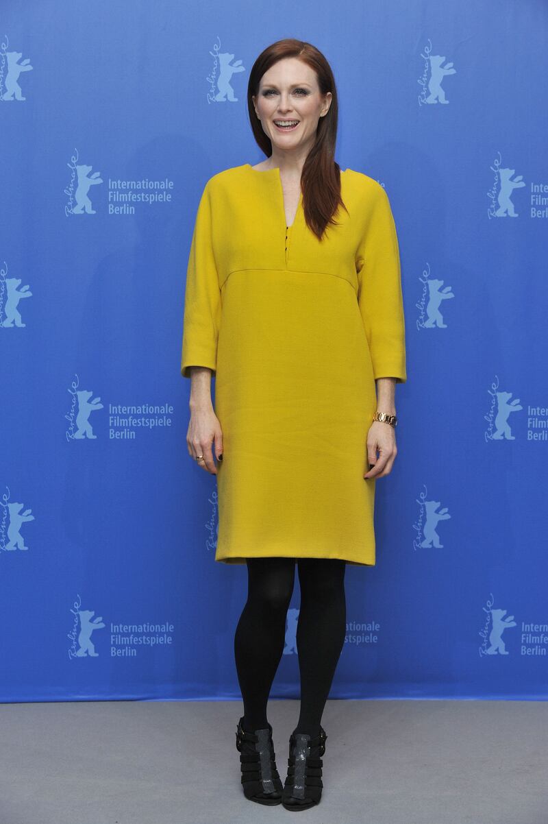 Julianne Moore, in a mustard shift dress, attends 'The Kids are All Right' photocall during the Berlin International Film Festival at the Grand Hyatt Hotel on February 17, 2010 in Berlin, Germany. Getty Images