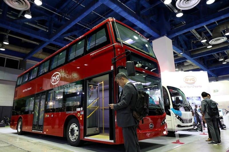 A BYD Co. double-decker electric bus stands on display at the EV Trend Korea exhibition in Seoul, South Korea, on Thursday, April 12, 2018. The exhibition runs through April 15. Photographer: SeongJoon Cho/Bloomberg