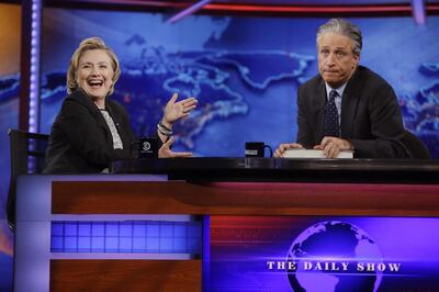 Hillary Clinton and Jon Stewart on 'The Daily Show with Jon Stewart' in July 2014. AP Photo