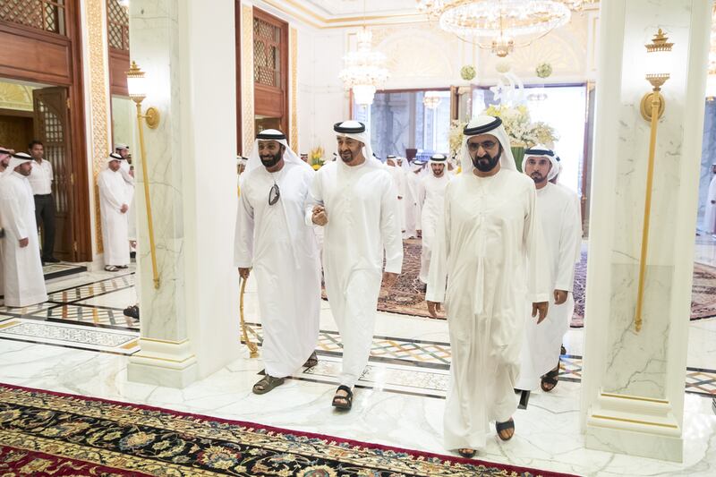 Sheikh Saif bin Zayed, Deputy Prime Minister and Minister of Interior, and Sheikh Abdullah bin Zayed, Minister of Foreign Affairs and International Cooperation, attend an iftar reception hosted by Sheikh Mohammed bin Rashid, Vice President and Ruler of Dubai, at Zabeel Palace. Ryan Carter / Crown Prince Court — Abu Dhabi