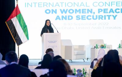 Dr Mouza Al Shehhi, director of the UN Women - Liaison Office for the GCC, speaking at the International Conference on Women, Peace and Security in Abu Dhabi. Ruel Pableo for The National