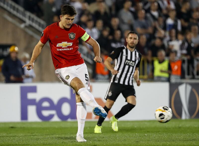 Harry Maguire during the Europa League match at the Partizan Stadium on Thursday. Getty Images