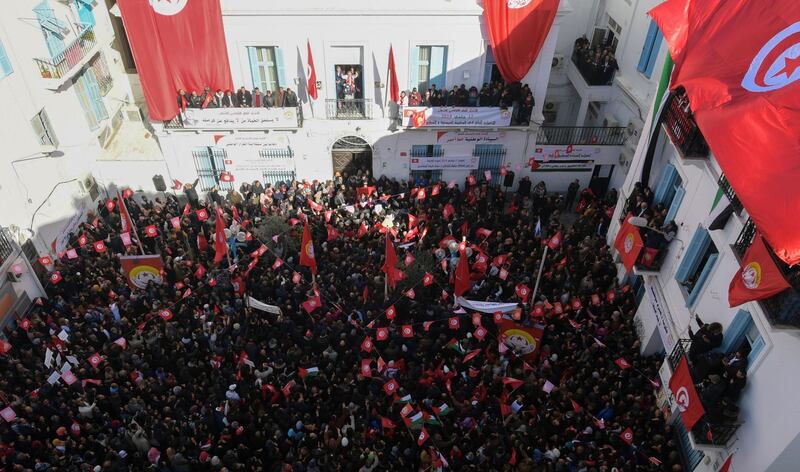 The general secretary of General Union of Tunisian workers, Noureddine Taboubi, gives a speech at the union headquarters. AFP