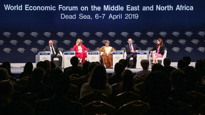 (L to R) Lebanese Defence Minister Elias Bou Saab, Dutch Foreign Minister Sigrid Kaag, Omani Foreign Minister Yusuf bin Alawi bin Abdullah, and Jordanian Foreign Minister Ayman Safadi sit on a panel moderated by anchor Hadley Gamble, during the 2019 World Economic Forum on the Middle East and North Africa, at the King Hussein Convention Centre at the Dead Sea, in Jordan on April 6, 2019.  / AFP / Khalil MAZRAAWI
