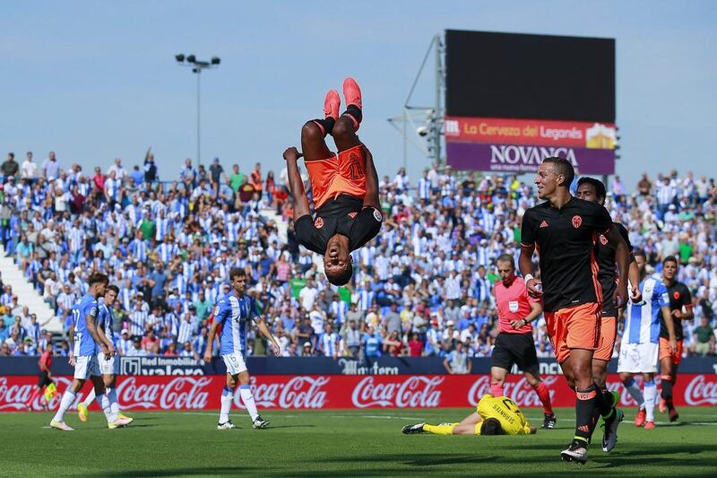 Valencia winger Nani celebrates scoring their opening goal during the Primera Liga match against Leganes at Estadio Municipal de Butarque on September 25, 2016 in Leganes, Spain. Gonzalo Arroyo Moreno / Getty Images