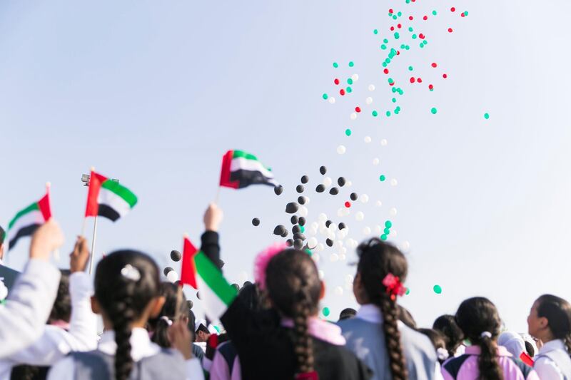 FUJAIRAH, UNITED ARAB EMIRATES - NOV 28:

Balloons with the colors of the UAE flag fly up Fujairah skies.

Al Fujairah began it's UAE National Day celebrations with a national parade.

(Photo by Reem Mohammed/The National)

Reporter:  Ruba Haza
Section: NA