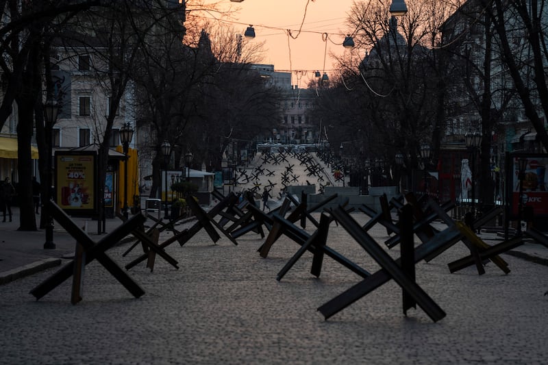 Anti-tank barricades are placed on a street in preparation for a possible Russian offensive in Odesa, Ukraine. AP