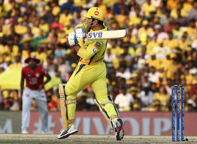 Chennai Super Kings captain Mahendra Singh Dhoni plays a shot during the VIVO IPL T20 cricket match between Chennai Super Kings and Kings XI Punjab in Chennai, India, Saturday, April 6, 2019. (AP Photo/R.Parthibhan)