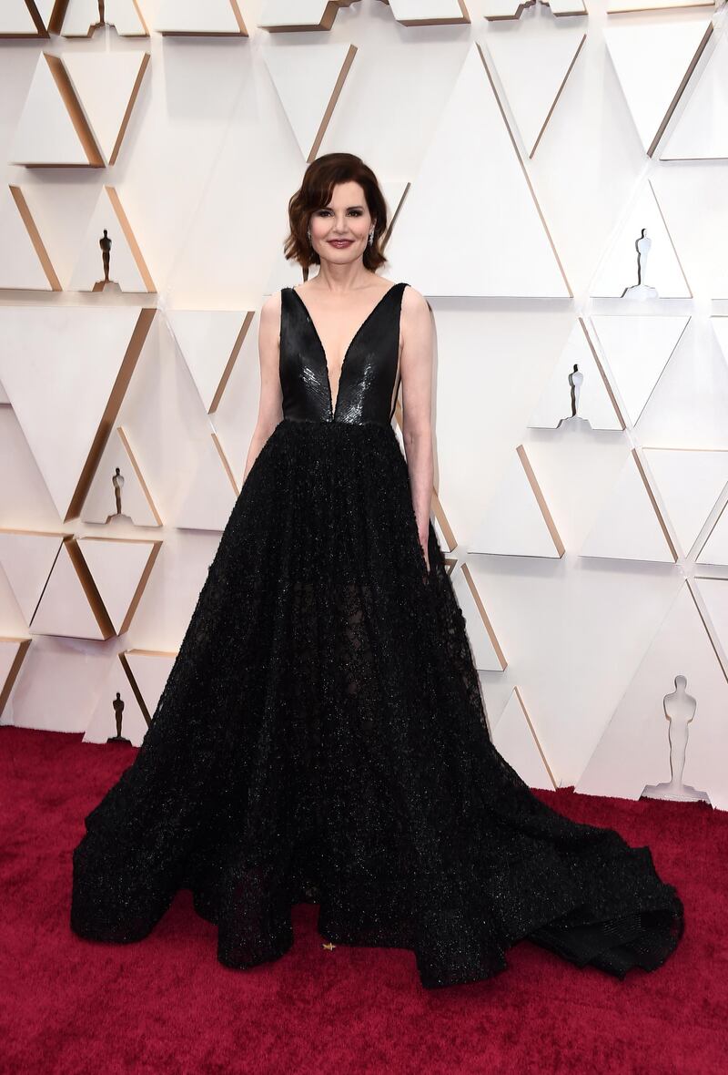 Geena Davis in Romona Keveza SS19 RTW at the Oscars at the Dolby Theatre in Los Angeles. AP