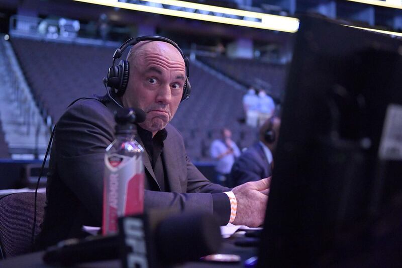 JACKSONVILLE, FLORIDA - MAY 09: Announcer Joe Rogan reacts during UFC 249 at VyStar Veterans Memorial Arena on May 09, 2020 in Jacksonville, Florida.   Douglas P. DeFelice/Getty Images/AFP
== FOR NEWSPAPERS, INTERNET, TELCOS & TELEVISION USE ONLY ==

