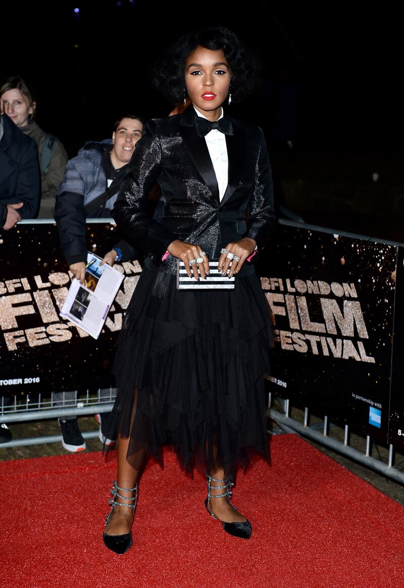 Janelle Monae, wearing a tuxedo jacket with a tulle skirt and Edie Parker clutch, attends the Moonlight screening at the BFI London Film Festival on October 6, 2016. Getty Images 