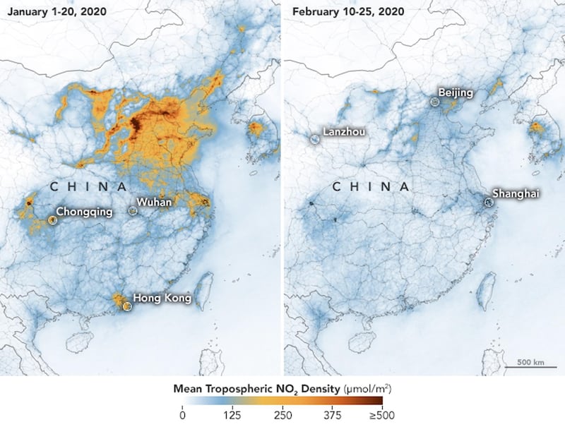 epa08261628 (COMPOSITE) A handout composite picture made available by the National Aeronautics and Space Administration (NASA) of maps showing the concentrations of nitrogen dioxide (NO2) over China between 01 January 2020 (L) and 25 February 2020 (R) (issued 01 March 2020). NASA and European Space Agency (ESA) pollution monitoring satellites have detected significant decreases in nitrogen dioxide -- a noxious gas emitted by motor vehicles, power plants, and industrial facilities -- over China. According to scientists, there is evidence that the change is at least partly related to the novel coronavirus quarantine, Chinese New Year, and to an overall economic slowdown. The maps above show NO2 values across China from 01 to 20 January 2020 (before the novel coronavirus quarantine) and from 10 to 25 February 2020 (during the quarantine).  EPA/NASA HANDOUT -- BEST QUALITY AVAILABLE -- HANDOUT EDITORIAL USE ONLY/NO SALES
