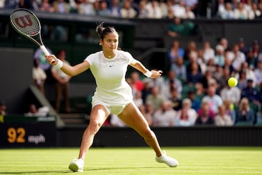 Emma Raducanu during her match against Alison Van Uytvanck on day one of the 2022 Wimbledon Championships at the All England Lawn Tennis and Croquet Club, Wimbledon. Picture date: Monday June 27, 2022.