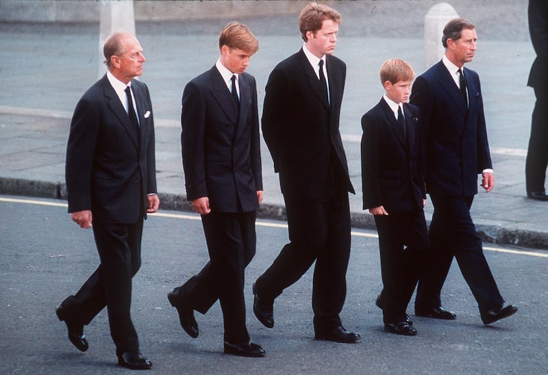 Prince Philip, Prince William, Earl Spencer, Prince Harry and Prince Charles follow the coffin of Princess Diana at her funeral in London in September 1997
