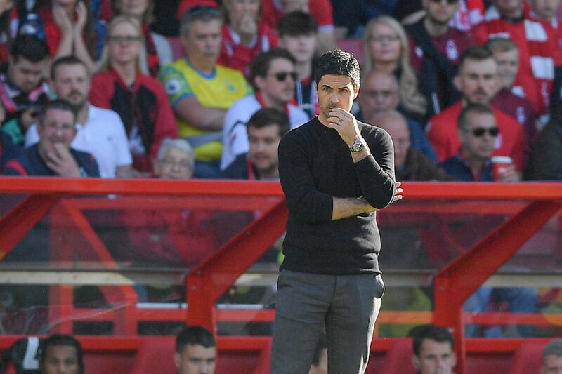 Arsenal manager Mikel Arteta looks on as his side lose 1-0 to Nottingham Forest at the City Ground. EPA