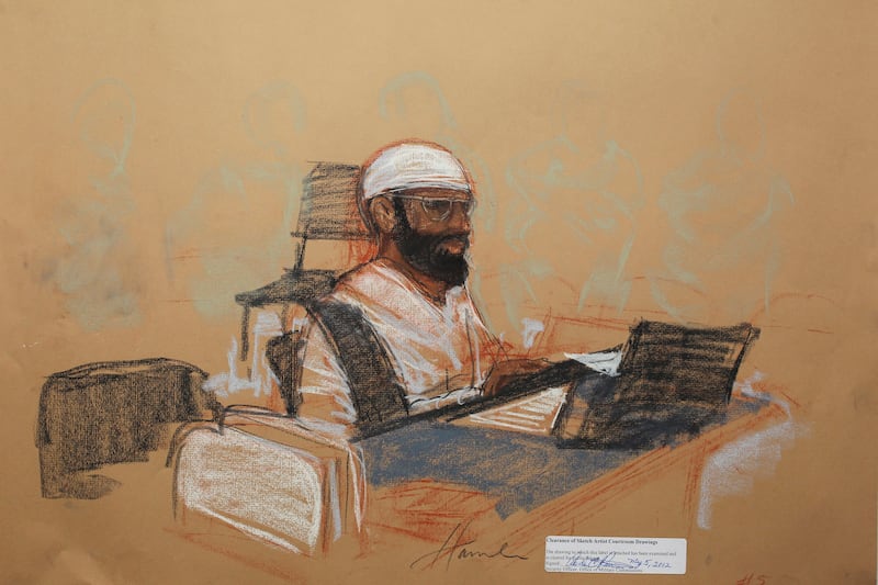 A courtroom sketch of Mustafa Ahmed Al Hawsawi during a 2012 hearing at Guantanamo Bay. Getty Images