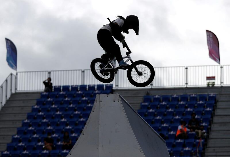 Miharu Ozawa of Japan competes during the women's BMX test event for the Tokyo 2020 Olympics at Ariake Urban Sports Park on Monday, May 17. Reuters