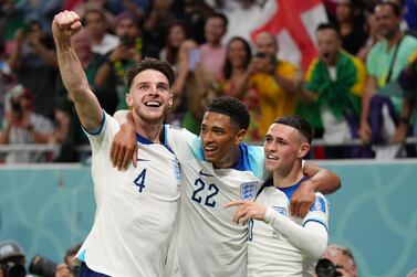 England's Phil Foden (right) celebrates scoring the second goal with Jude Bellingham and Declan Rice during the FIFA World Cup Group B match at the Ahmad Bin Ali Stadium, Al Rayyan, Qatar. Picture date: Tuesday November 29, 2022.