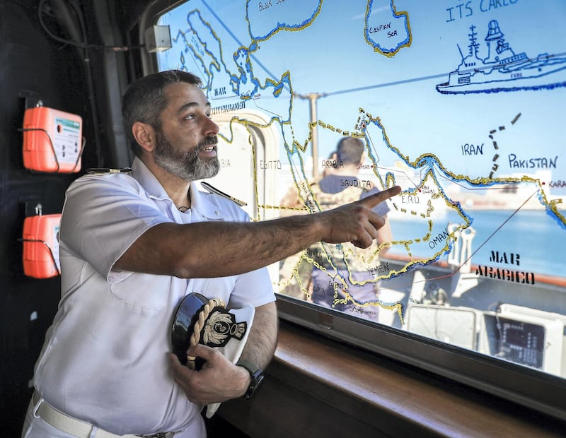Abu Dhabi, U.A.E., February 14, 2019.  European Multi-Mission Frigate (FREMM), Italian frigate, Carlo Margottini (F 592)  has docked at the Abu Dhabi Port with Commander Marco Guerriero as the Captain.  --  Commander Marco Guerriero shows The National the route of the Carlo Margottini (F 592).Victor Besa/The NationalSection:  NAReporter:  Charlie Mitchell