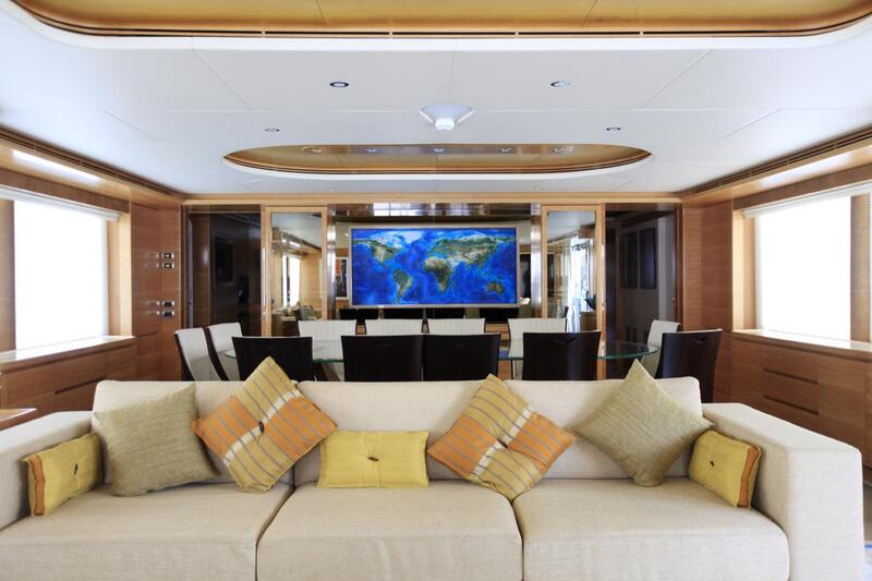 The living room of a Majesty 135 yacht at the Gulf Craft factory in Umm Al Quwain. Sarah Dea / The National