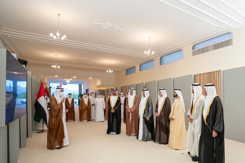 Pictured, from left, Sheikh Ammar bin Humaid Al Nuaimi, Sheikh Sultan bin Mohammed Al Qasimi, Sheikh Saud bin Saqr Al Qasimi, Sheikh Saud bin Rashid Al Mualla, Sheikh Mohammed bin Rashid, Sheikh Mohamed bin Zayed and Sheikh Hamad bin Mohammed Al Sharqi, with Mr Balama. Mohamed Al Hammadi / Ministry of Presidential Affairs