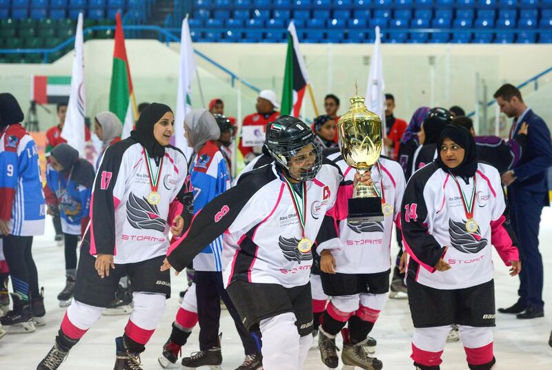 Abu Dhabi, United Arab Emirates - Abu Dhabi Storms outbeats the Al Ain Theebs 9-2 at the inaugural WomenÕs Gulf Clubs Cup at Zayed Sports City on May 5, 2018. (Khushnum Bhandari/ The National)