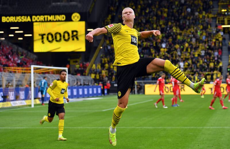 Dortmund's Erling Haaland celebrates after scoring his side's second goal against Union Berlin at the Signal Iduna Park Stadium. AP