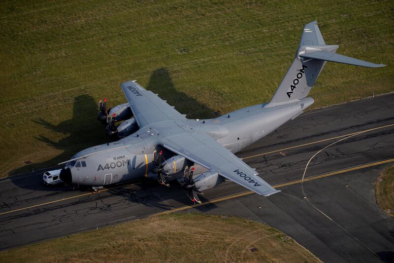 FILE PHOTO - An aerial view of an Airbus A400M aircraft during the 52nd Paris Air Show at Le Bourget Airport near Paris, France, June 21, 2017. Picture taken June 21, 2017.  REUTERS/Pascal Rossignol/File Photo