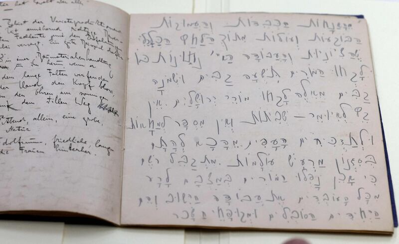 An original manuscript written in Hebrew (right) and German (left) by Franz Kafka, on display at the National Library of Israel, in Jerusalem. The Franz Kafka Papers are now online for the first time, following years of conservation and restoration work, cataloguing and digitisation. AFP