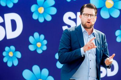 (FILES) In this file photo taken on August 17, 2018 Jimmie Akesson, leader of the Sweden Democrats, campaigns in Sundsvall, Sweden. - General elections will be held in Sweden on September 9, 2018. (Photo by Mats ANDERSSON / TT NEWS AGENCY / AFP) / Sweden OUT / TO GO WITH AFP STORY by GAEL BRANCHEREAU