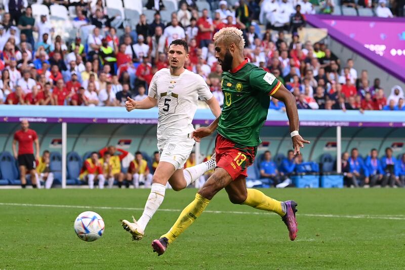 Eric Maxim Choupo-Moting scores Cameroon's third goal against Serbia. Getty