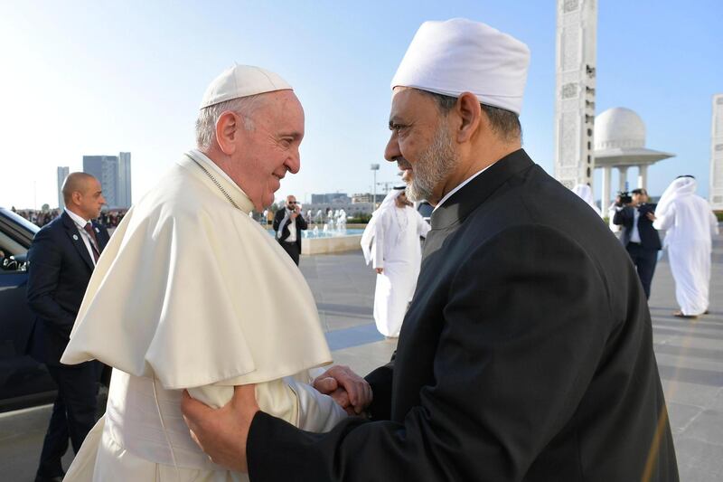 epa07343016 A handout picture provided by the Vatican Media shows Pope Francis (L) shaking hands with Grand Sheik Ahmed al-Tayeb (R), the head of Al-Azhar, the Sunni Muslim world's premier Islamic institution, as he arrives for a meeting with the members of Muslim Council of Elders at Grand Mosque of Sheik Zayed, in Abu Dhabi, United Arab Emirates, 04 February 2019.  EPA/VATICAN MEDIA HANDOUT  HANDOUT EDITORIAL USE ONLY/NO SALES