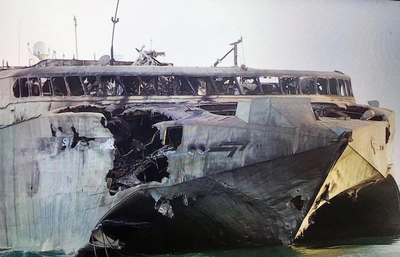 Wreckage of the aid ship Swift after it was attacked by Houthi rebels with a missile and small-arms fire in Bab Al Mandeb early on Saturday. Wam 