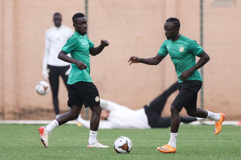 Senegal's forward Sadio Mane, right, and teammates take part in a training session at the Omnisports Ahmadou Ahidjo Stadium in Yaounde. AFP