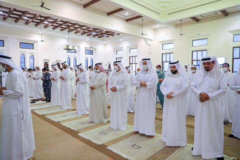 Sheikh Saud bin Rashid Al Mualla, Ruler of Umm Al Quwain, performs a funeral prayer for Sheikh Khalifa, who died on Friday. 