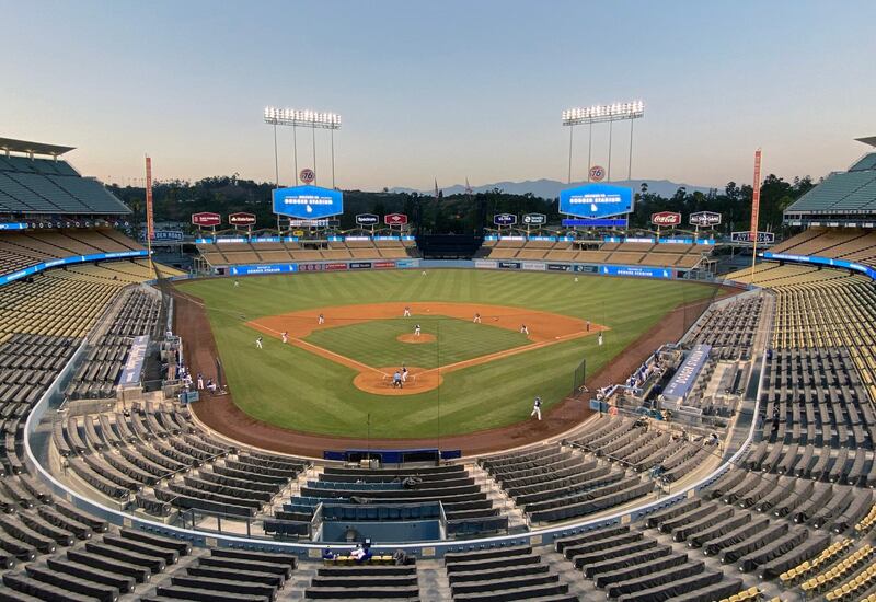 Los Angeles Dodgers players during an intrasquad game at the Dodger Stadium in California on July 14, 2020. USA TODAY Sports