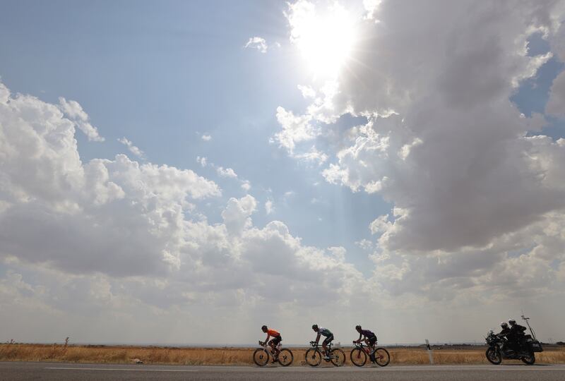 Left to right: Xabier Mikel, Oier Lazkano and Pelayo Sanchez Mayo during Stage 5 of La Vuelta in Spain, on Wednesday, August 18. EPA