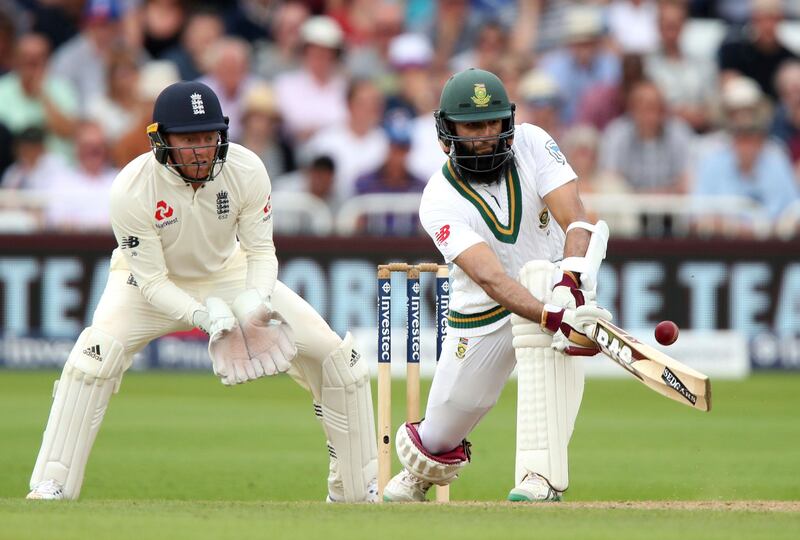 South Africa's Hashim Amla, right, hits out during day three of the second test match against England, at Trent Bridge, Nottingham, England, Sunday July 16, 2017. (Nick Potts/PA via AP)