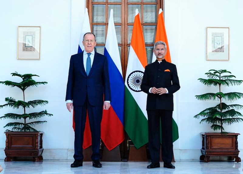 India's Minister of External Affairs Subrahmanyam Jaishankar, right, with Russian Foreign Minister Sergey Lavrov before their meeting in New Delhi. AP