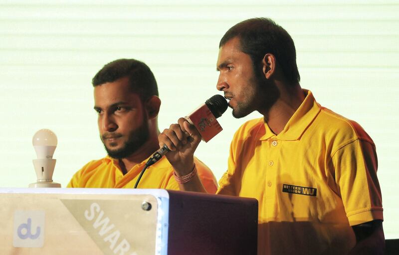 DUBAI , UNITED ARAB EMIRATES, September 27 , 2018 :- Left to Right – Suheb Abdul Razak and Krishna Dev Kumar from India winners of the Western Union Camp Ka Champ season 12 singing   during the competition held at Nuzul Accommodation in Jabel Ali Industrial area in Dubai. ( Pawan Singh / The National )  For News/Big Picture/Instagram/Online. Story by Patrick