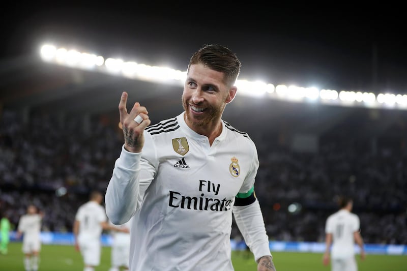 ABU DHABI, UNITED ARAB EMIRATES - DECEMBER 22:  Sergio Ramos of Real Madrid celebrates after scoring his team's third goal during the FIFA Club World Cup UAE 2018 Final between Al Ain and Real Madrid at the Zayed Sports City Stadium on December 22, 2018 in Abu Dhabi, United Arab Emirates.  (Photo by Francois Nel/Getty Images)
