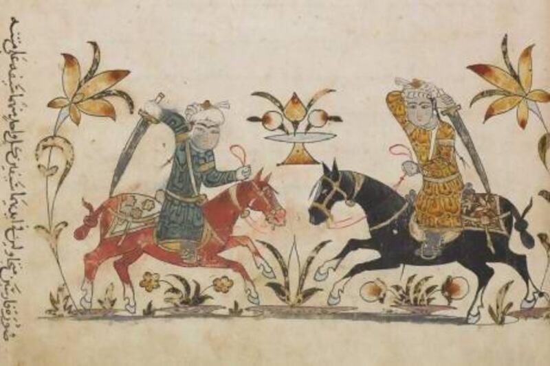 This manuscript of two horsemen competing at swordsmanship not only gives instructions on military arts, it also describes the metallurgical methods used in producing swords.