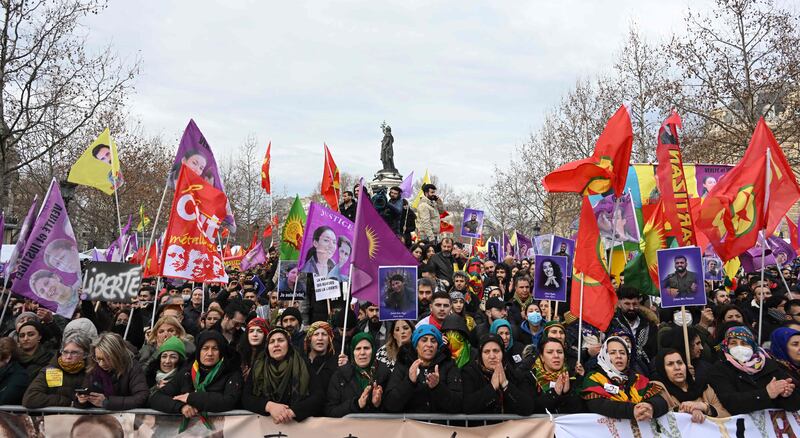 Kurdish marchers gather on the Place de la Republique in Paris. AFP