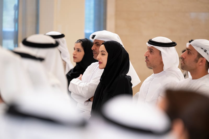 Shamma Al Mazrui, Minister of Community Development, and Mr Al Falasi among those listening to proceedings at Qasr Al Watan. Photo: Abdulla Al Bedwawi / Presidential Court